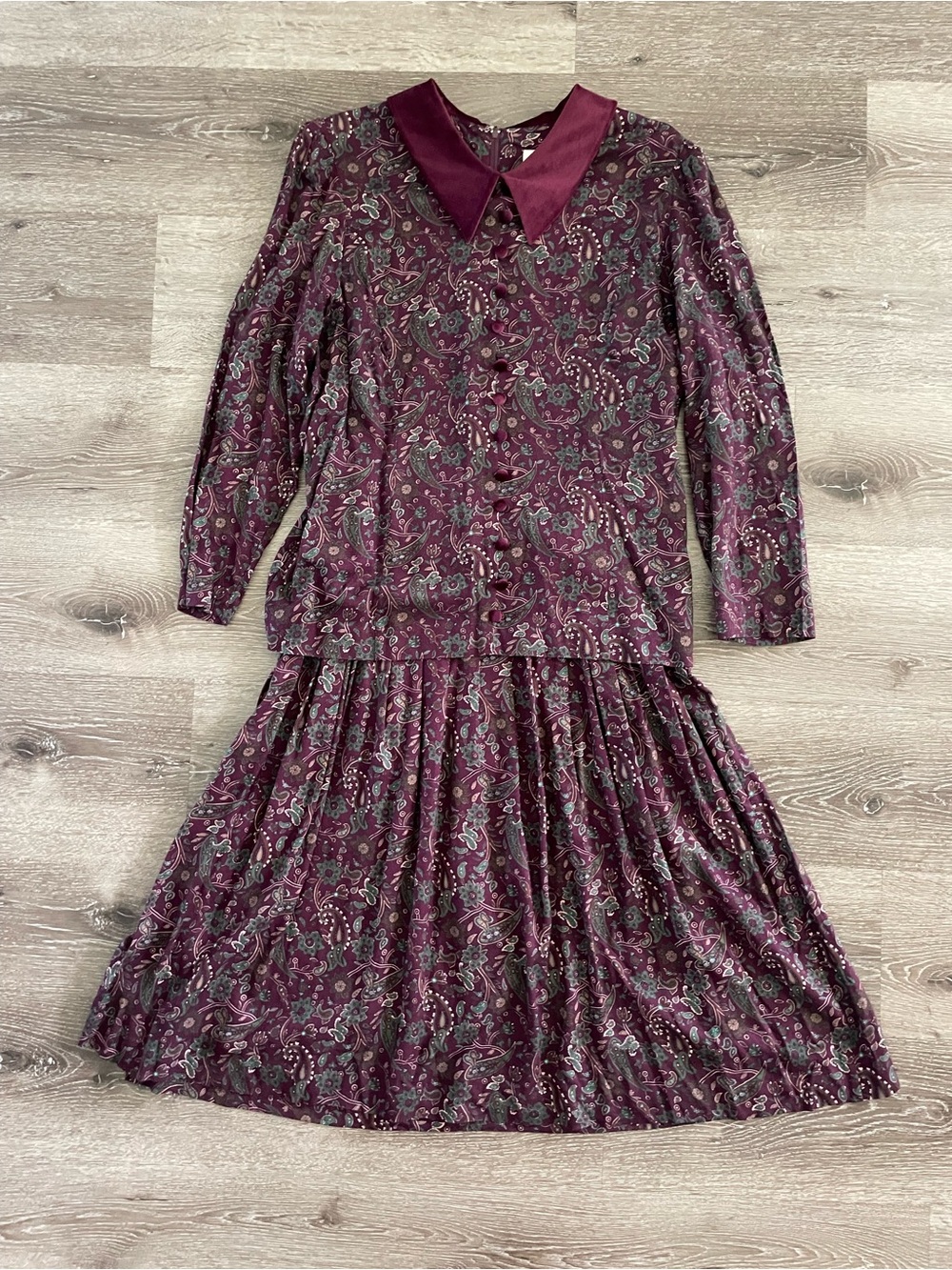 Kathie Lee Collection Plum Paisley Long Sleeve Collared Dress 12 vtg.80's